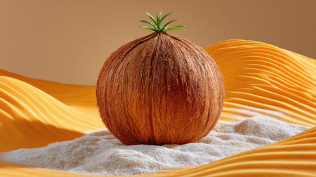 A creative and striking composition featuring a coconut-shaped ball adorned with a small green plant, resting on a sandy surface against an orange backdrop.の素材