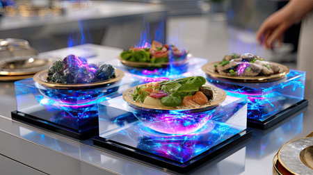 Experience the harmonious blend of technology and gastronomy with this futuristic food presentation, capturing the vibrant colors and innovative designs that inspire culinary artistry.の素材