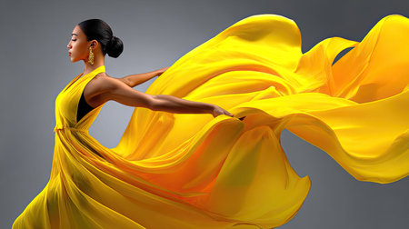 A striking image captures a woman in a flowing yellow dress, exuding elegance and grace. The dynamic fabric accentuates her beauty, creating a captivating composition.の素材
