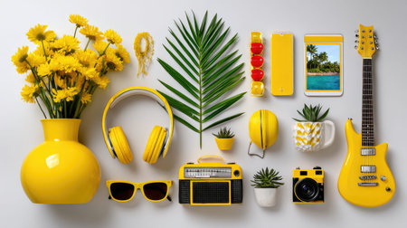 A vibrant flat lay featuring yellow accessories and decor elements, including flowers, electronics, and plants, creating a cheerful and lively atmosphere for summer.の素材