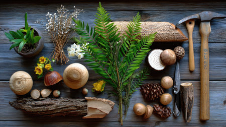 A beautifully arranged collection of natural crafting supplies, including wood pieces, greenery, flowers, and tools, perfect for creative projects and rustic decor.の素材
