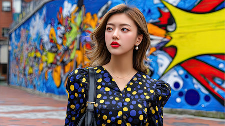 A stylish woman stands confidently in front of a vibrant graffiti mural, showcasing her bold fashion choices and contemporary urban lifestyle in daylight.の素材