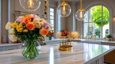 A beautifully designed kitchen featuring a stunning floral arrangement that adds vibrancy. Sunlight enhances the tranquil environment, making it ideal for cooking.の素材
