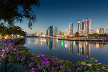 night landscape of Benjakiti Park in Bangkokの写真素材