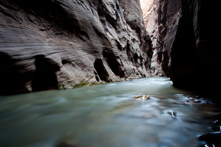 River stream inside the canyon from the Narows, Zion national parkの写真素材