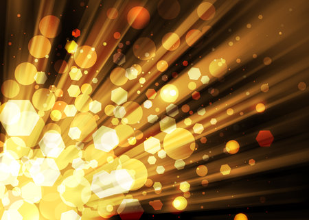Gold ray lights bokeh glitter defocused abstract backgroundの写真素材