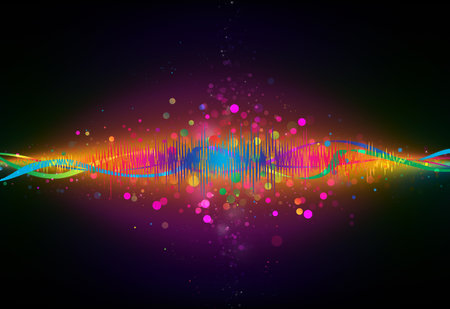 Colorful Equalizer wave glitter sparkle defocused rays lights bokeh abstract background.の写真素材