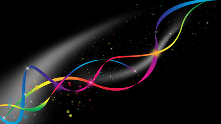 Colorful wave galaxy and glitter sparkle defocused rays lights bokeh abstract black background.の写真素材