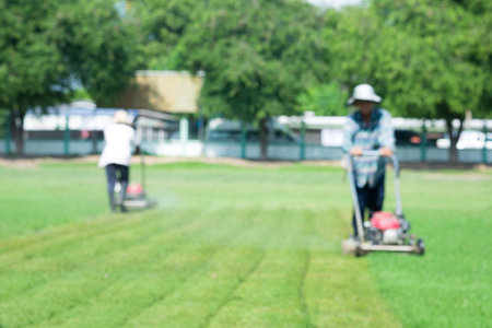 Defocused Man cutting glass work in garden.の写真素材