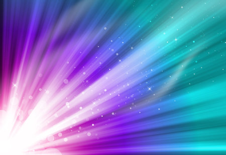 Purple and green glitter sparkle defocused rays lights bokeh abstract background.の写真素材