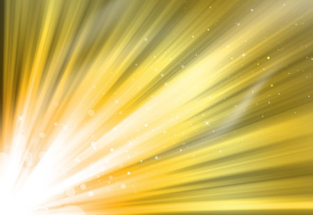 Gold glitter sparkle defocused rays lights bokeh abstract background.の写真素材