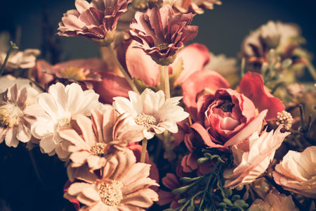 Close up colorful bunch of beautiful flowers.Vintage or retro tone.の写真素材