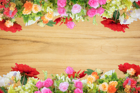 Wooden with bunch of beautiful flowers for background texture.の写真素材