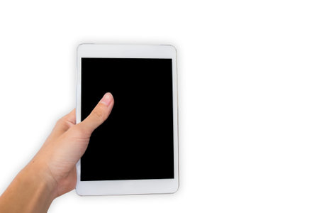 Hands are holding touch screen White Tablet Computer with white background/isolated.