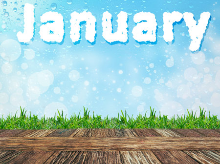 Empty wooden table and grass with word " january" cloud message on water drops bokeh background. Product display template.の写真素材