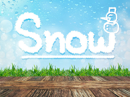 Empty wooden table and grass with word "Snow" cloud message on water drops bokeh background. Product display template.の写真素材