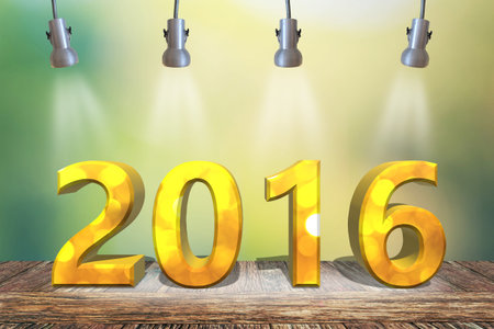 2016 new year on wooden table with lamp light and green nature bokeh background.