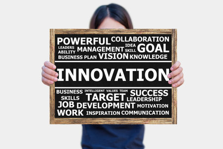 INNOVATION word on the blackboard wooden frame on hand asia woman with white background.business concept.の写真素材