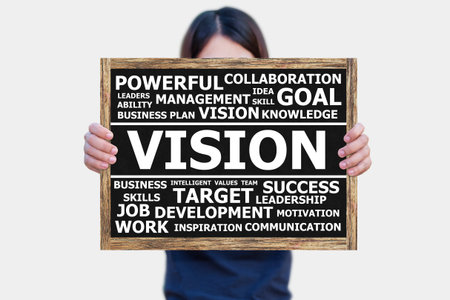 VISION word on the blackboard wooden frame on hand asia woman with white background.business concept.の写真素材