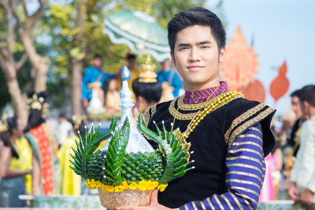 AYUTTHAYA, THAILAND - DEC 18, 2015 :Festival Thai traditional parade,Beautiful girl and Handsome boy walk around in Ayutthaya city,december 18,2015 in Ayutthaya Province,Thailand.のeditorial素材