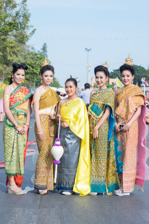 AYUTTHAYA, THAILAND - DEC 18, 2015 :Festival Thai traditional parade,Beautiful girl and Handsome boy walk around in Ayutthaya city,december 18,2015 in Ayutthaya Province,Thailand.のeditorial素材