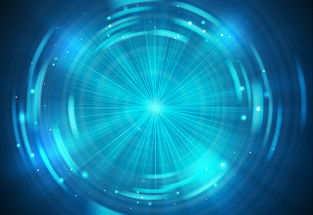 Blue glitter sparkles circles rays with bokeh fractal radial abstract background/texture.の写真素材
