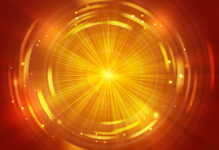 Gold glitter sparkles circles rays with bokeh fractal radial abstract background/texture.の写真素材