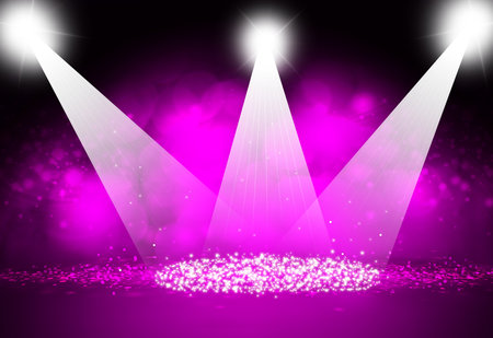 Spotlight focus show on stage with sparkle bokeh dark purple background.の写真素材