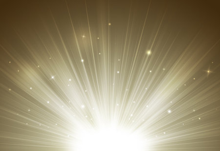 Dark gold glitter sparkles rays lights bokeh Festive Elegant abstract background.の写真素材