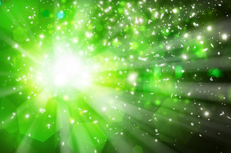 Green sparkles rays lights  glitter bokeh Festive Elegant abstract background.の写真素材
