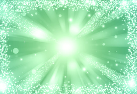 Green glitter sparkles rays lights bokeh Festive Elegant abstract background.の写真素材