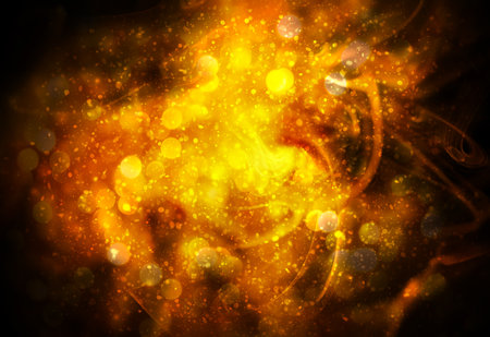 Dark Gold sparkle rays lights with bokeh elegant abstract background. Dust sparks in explosion with smoke background. Vintage or retro.の写真素材