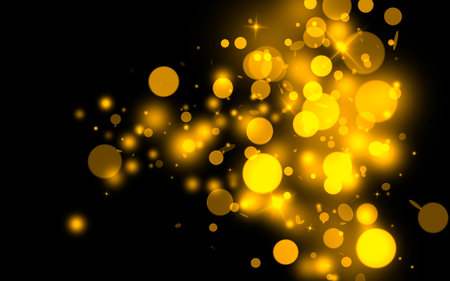Gold sparkle rays lights with bokeh elegant show on stage abstract background. Dust sparks background.の写真素材