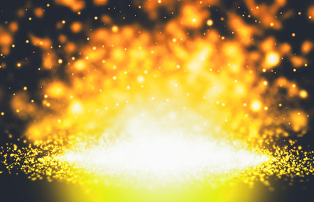 Gold and Orange color sparkle rays glitter lights with bokeh elegant show on stage abstract background. Dust sparks background.Vintage background.の写真素材