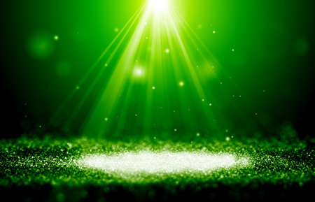 Green sparkle rays glitter lights with spotlight bokeh elegant show on stage abstract background. Dust sparks background.Spotlight backgroundの写真素材