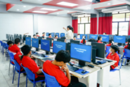 Blurred Student study in class computer technology at the elementary school. Education concept.