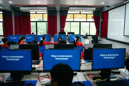 Student study in class computer technology at the elementary school. Education concept.