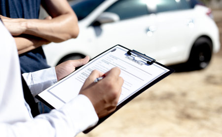 Insurance agents inspect for damage to cars that collide on the road to claim compensation from driving accidents, Insurance concept.の写真素材