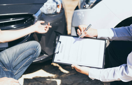 Insurance agents inspect for damage to cars that collide on the road to claim compensation from driving accidents, Insurance concept.の写真素材