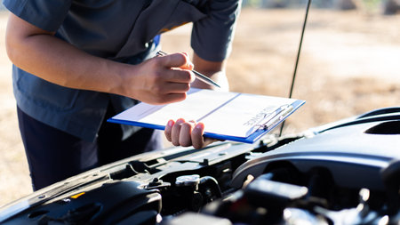 Auto repair specialist has checked the engine repair list for both internal and external systems, Car repair service concept.の写真素材
