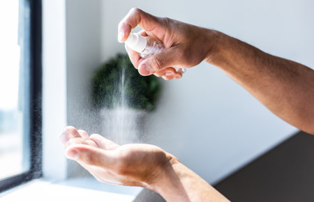 Young men use 70% alcohol spray to spray hands to get rid of bacteria and COVID-19 or CORONA viruses that destroy the respiratory system, COVID-19 virus protection concept.の写真素材
