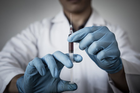 Scientists or doctors collect blood samples from new strains of virus patients for analysis and vaccination in the research laboratory, Vaccine research to eliminate viruses concept.の写真素材