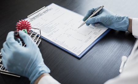 Scientists or physicians analyze the blood sample in vitro to prepare a vaccine against a new strain of viruses, Vaccine Research and Science concept.の写真素材