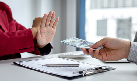 Businessmen give dollars to bribe employees in signing contracts to buy illegal land and real estate, Business fraud and social injustice, Anti Bribery and corruption concept.の写真素材