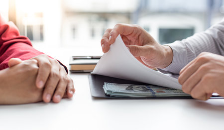 Businessmen give dollars to bribe employees in signing contracts to buy illegal land and real estate, Business fraud and social injustice, corruption and bribery concept.の写真素材