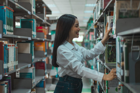 Young Asian women are searching for books in the university's great library, Learning in the library Concept.の写真素材