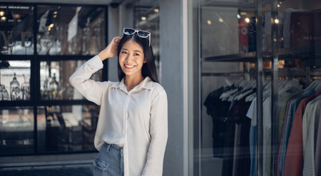 Lifestyle of yellow-white Asian women in fashionable dress, Beauty and fashion model with natural makeup, Beauty trends and modern accessories, fashion concept.の写真素材