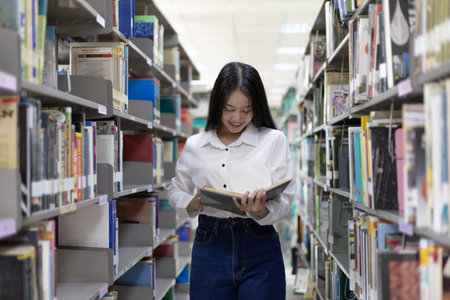 Asian female college students are reading and studying in the library, Learning in the library...