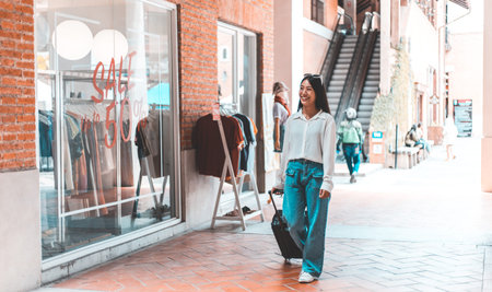 Young Asian women happily carry colorful shopping bags to shop in the mall or shopping center, Sale...