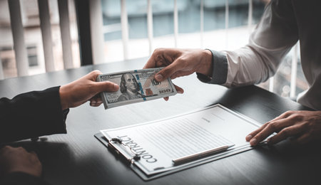 Businessmen give dollars to bribe employees in signing contracts to buy illegal land and real estate, Business fraud and social injustice, corruption and bribery concept.の写真素材